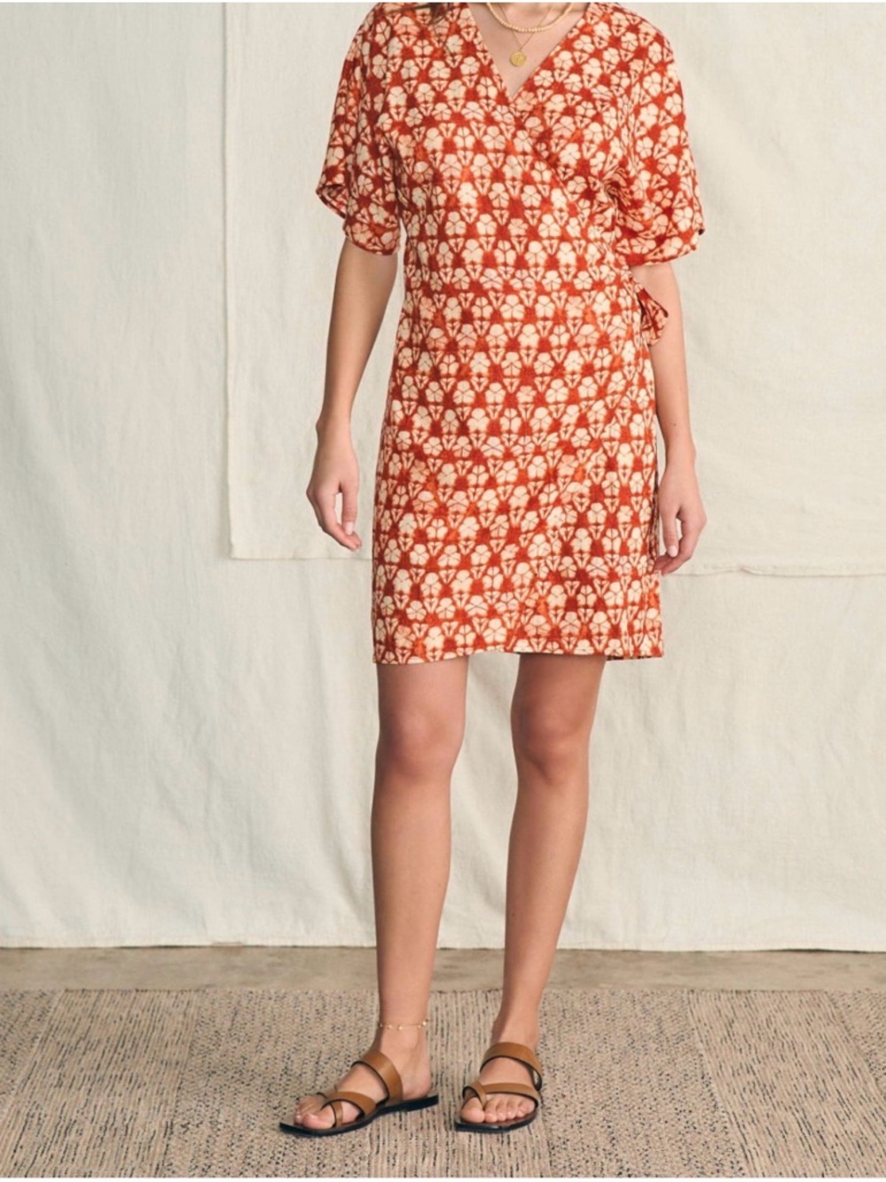 Faherty Shibori Willow Dress Rust Floral Wrap Dress